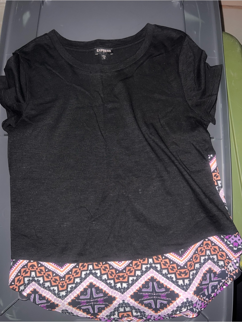 Express Black Short Sleeve Top with Geometric Patterned Hem